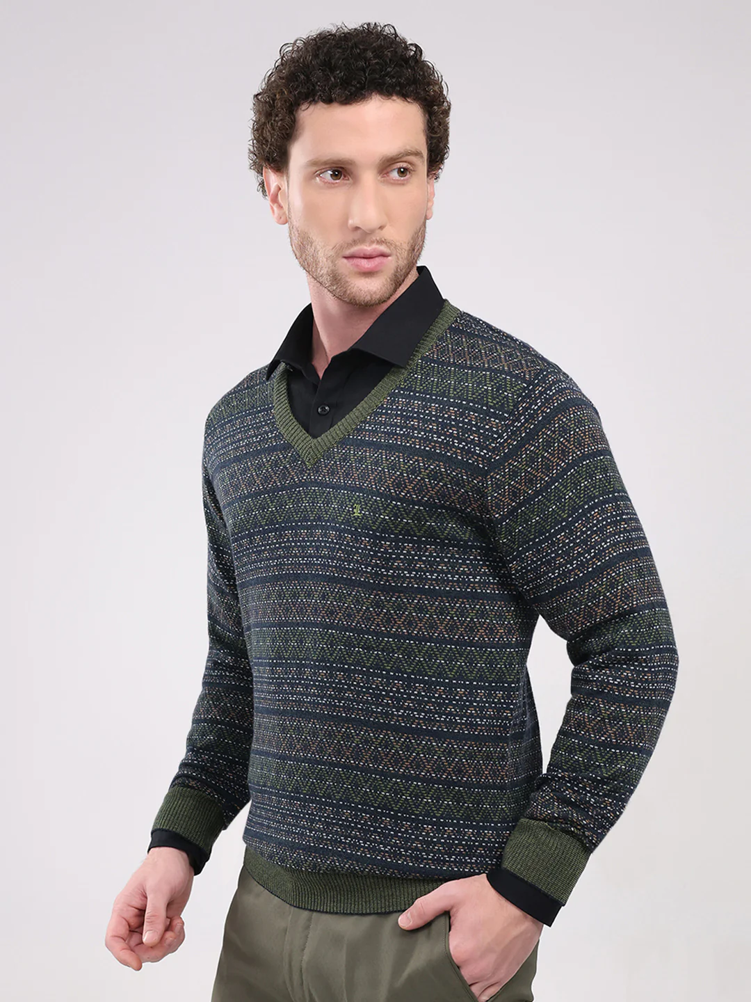 Luxuria Men Green Printed V Neck Full Sleeve Pullover - Image 3