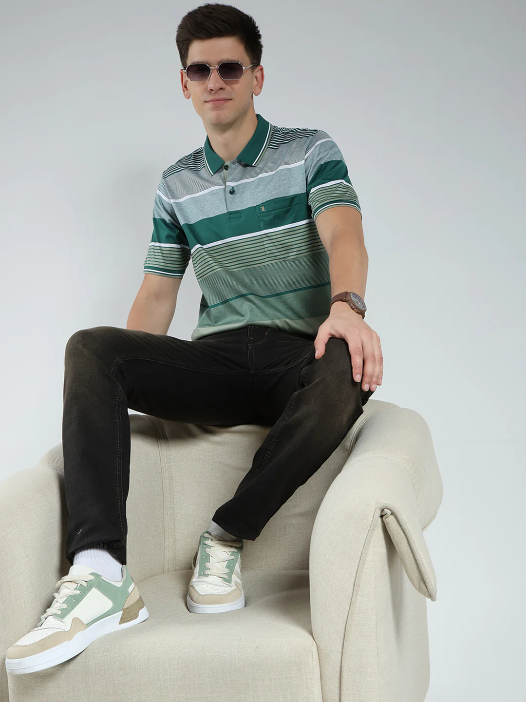 Luxuria Men Green Stripe Collar Half Sleeve T-Shirt - Image 2