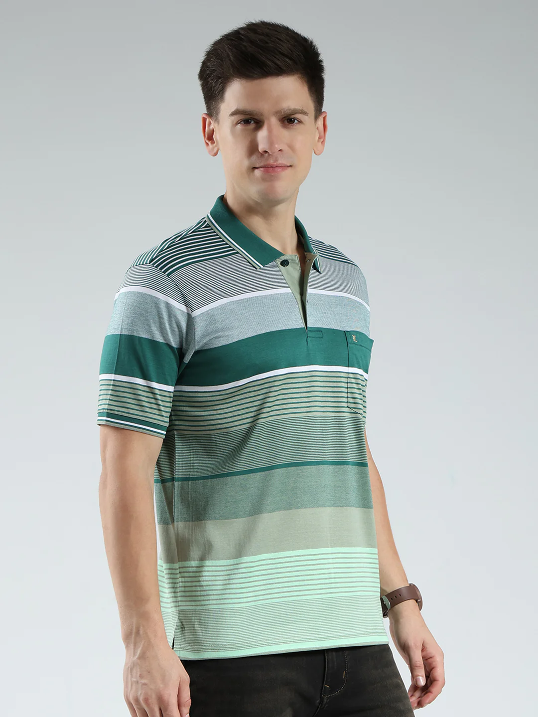 Luxuria Men Green Stripe Collar Half Sleeve T-Shirt - Image 4