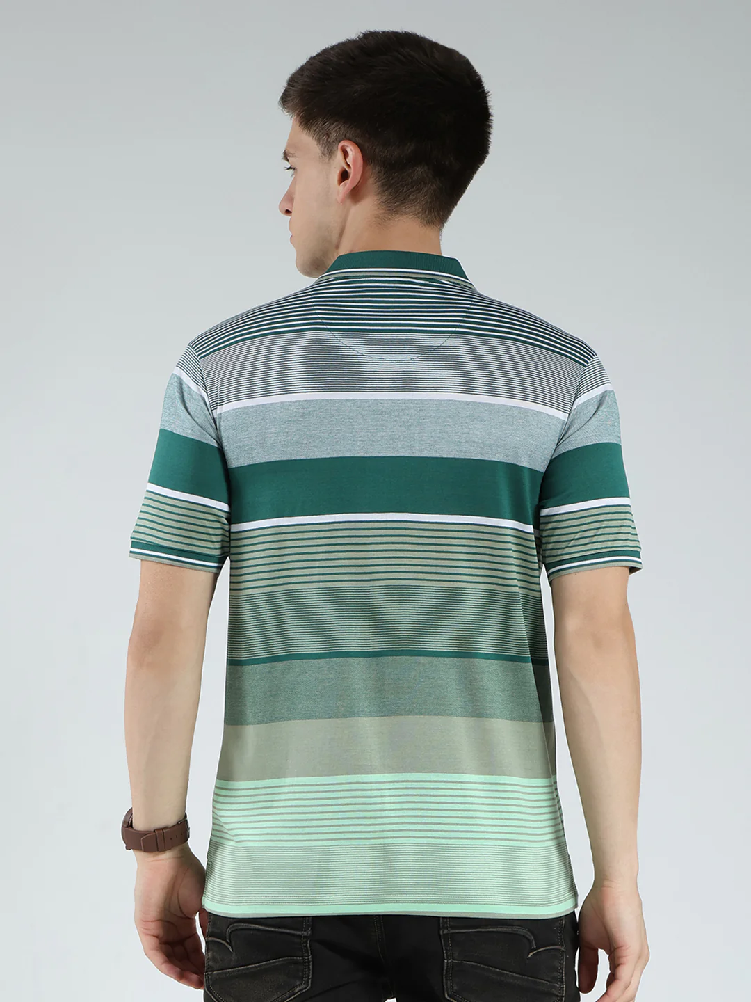 Luxuria Men Green Stripe Collar Half Sleeve T-Shirt - Image 5