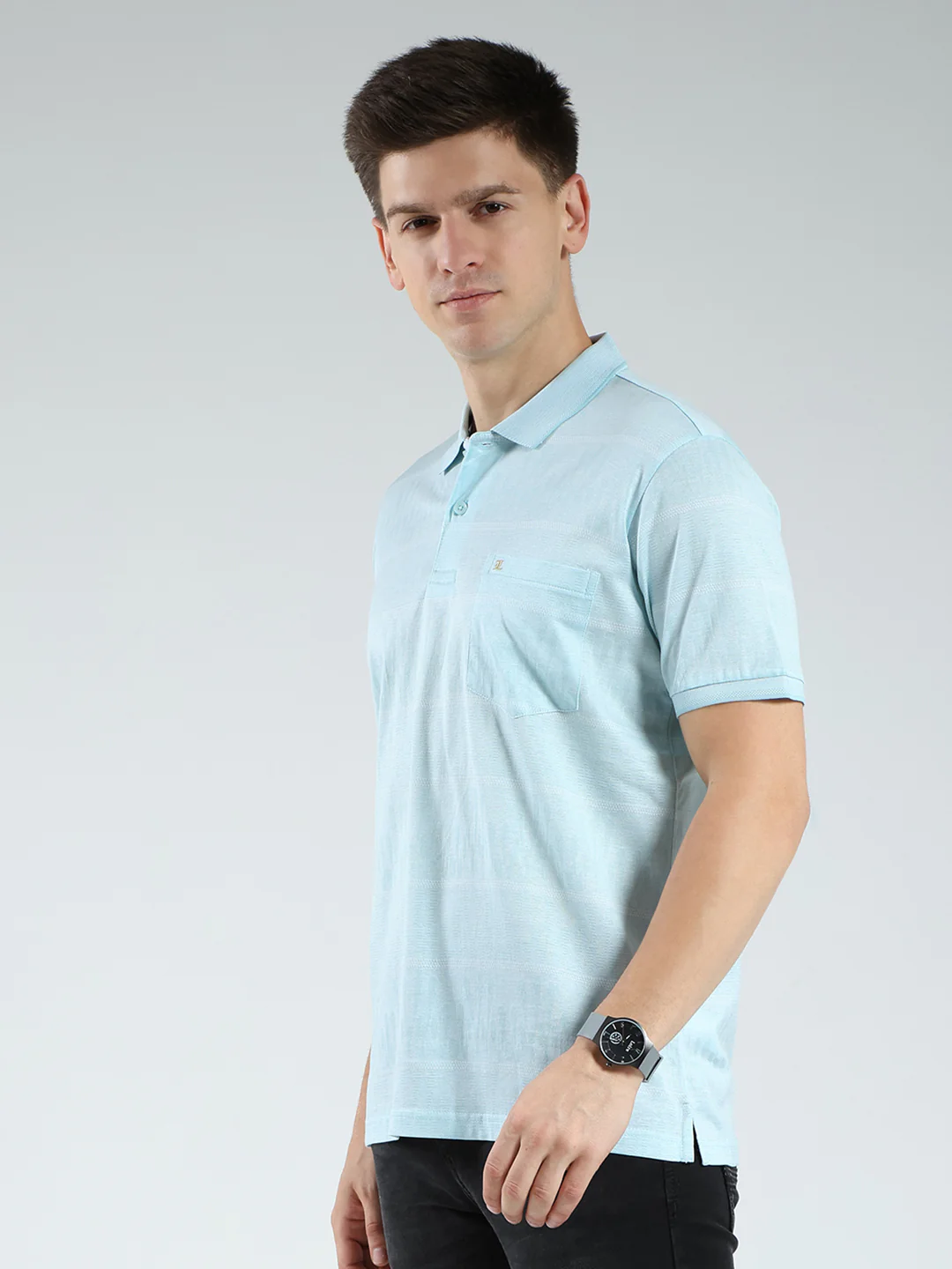 Luxuria Men Green Stripe Collar Half Sleeve T-Shirt - Image 3