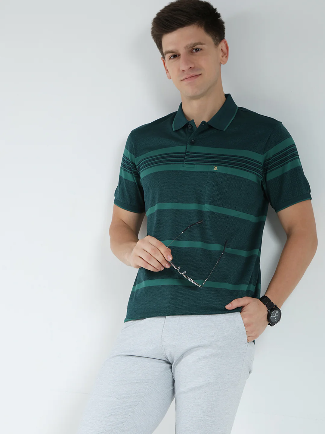 Luxuria Men Green Stripe Collar Half Sleeve T-Shirt - Image 6