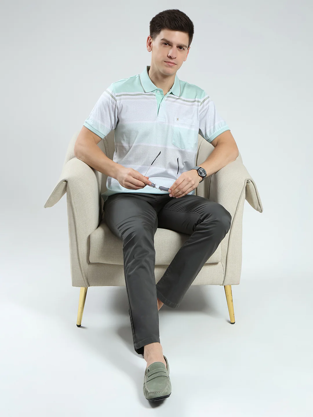 Luxuria Men Green Stripe Collar Half Sleeve T-Shirt - Image 2