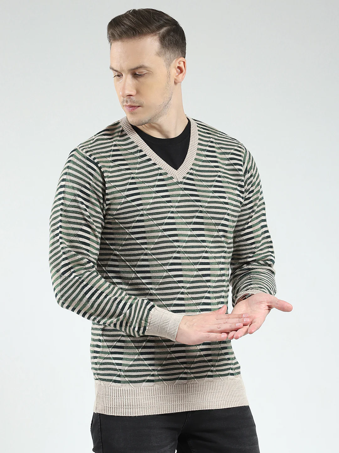 Luxuria Men Green Stripe V Neck Full Sleeve Pullover - Image 4