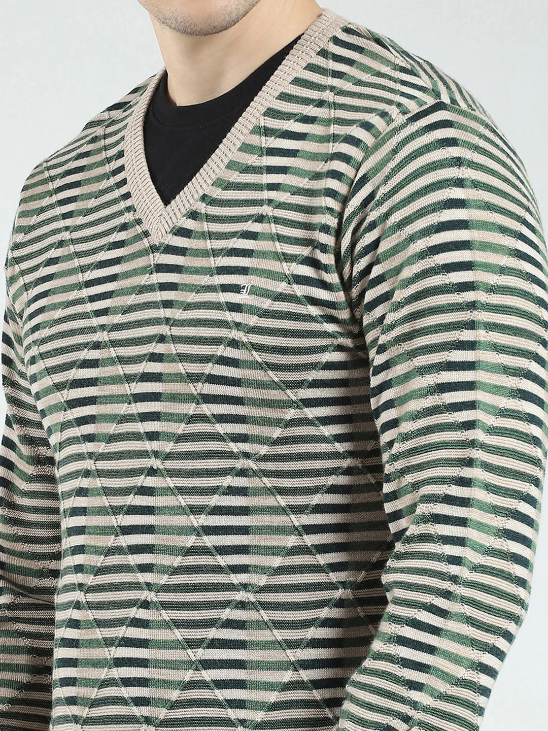 Luxuria Men Green Stripe V Neck Full Sleeve Pullover - Image 7