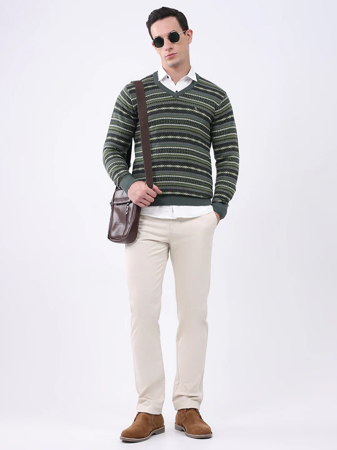 Luxuria Men Green Stripe V Neck Full Sleeve Pullover - Image 2