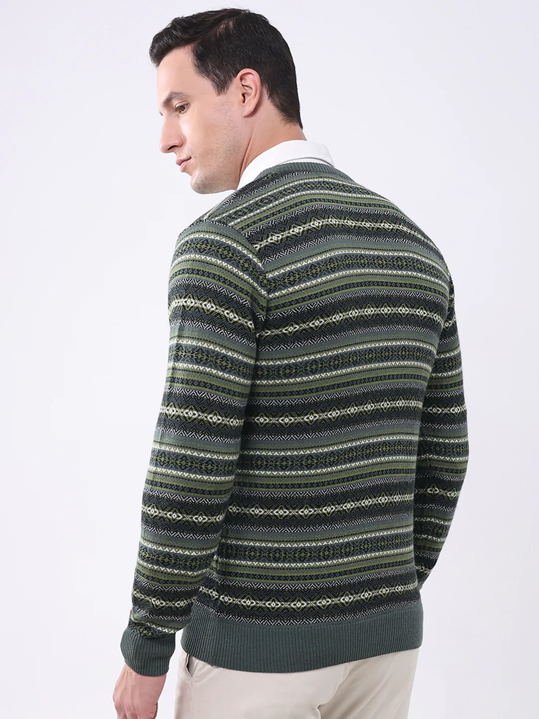 Luxuria Men Green Stripe V Neck Full Sleeve Pullover - Image 5