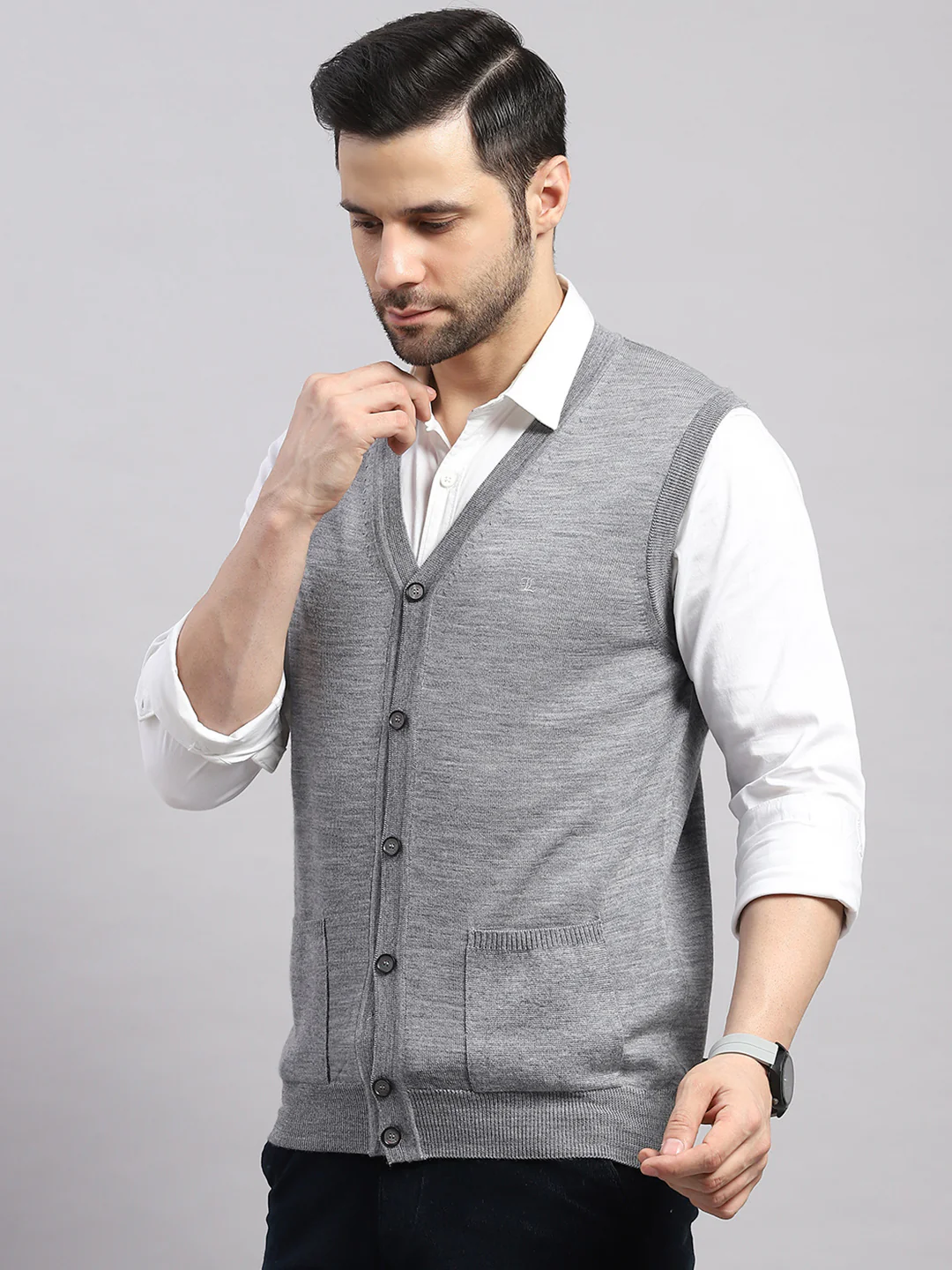 Luxuria Men Grey Melange Solid V Neck Sleeveless Cardigan - Image 3