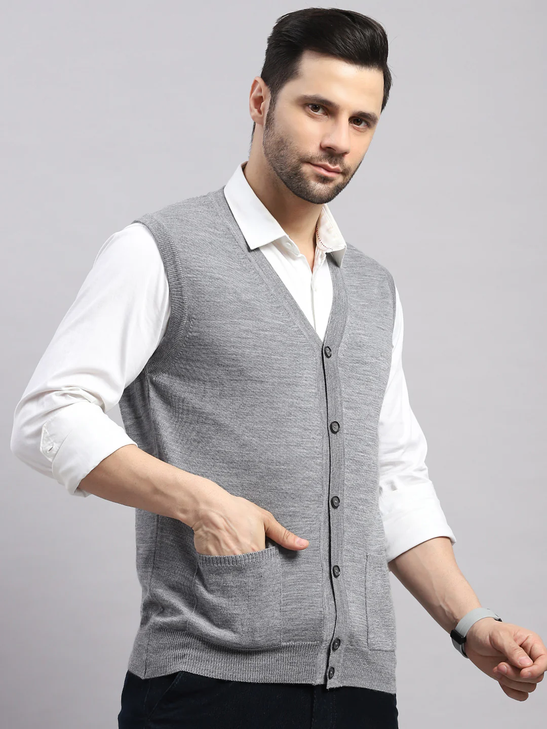 Luxuria Men Grey Melange Solid V Neck Sleeveless Cardigan - Image 4