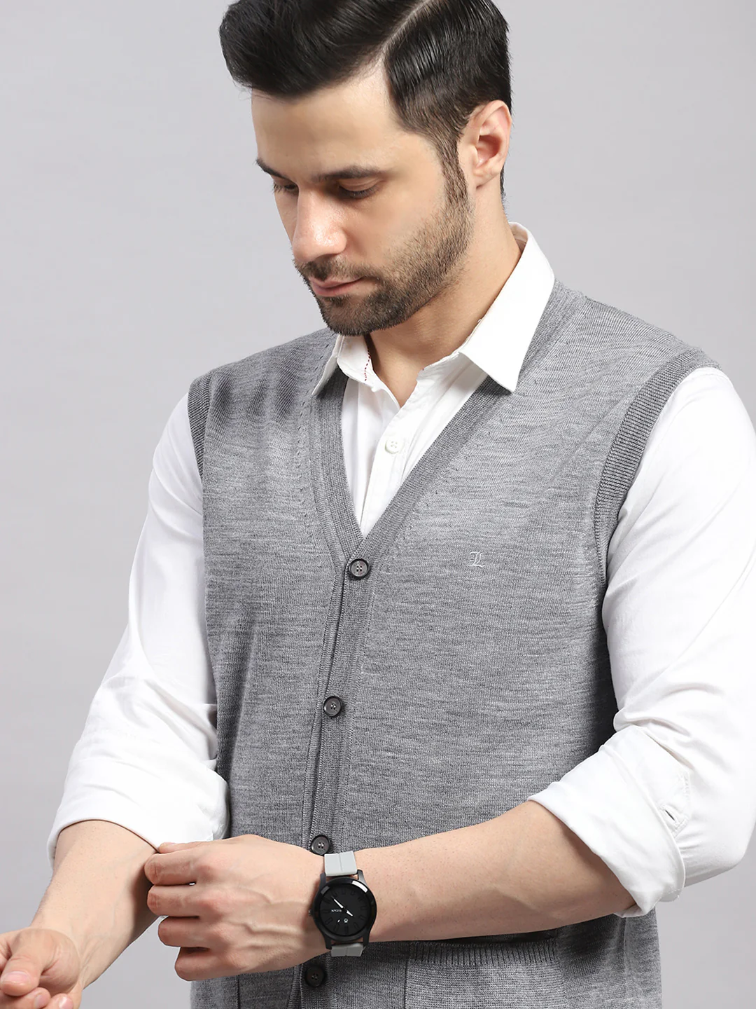 Luxuria Men Grey Melange Solid V Neck Sleeveless Cardigan - Image 6
