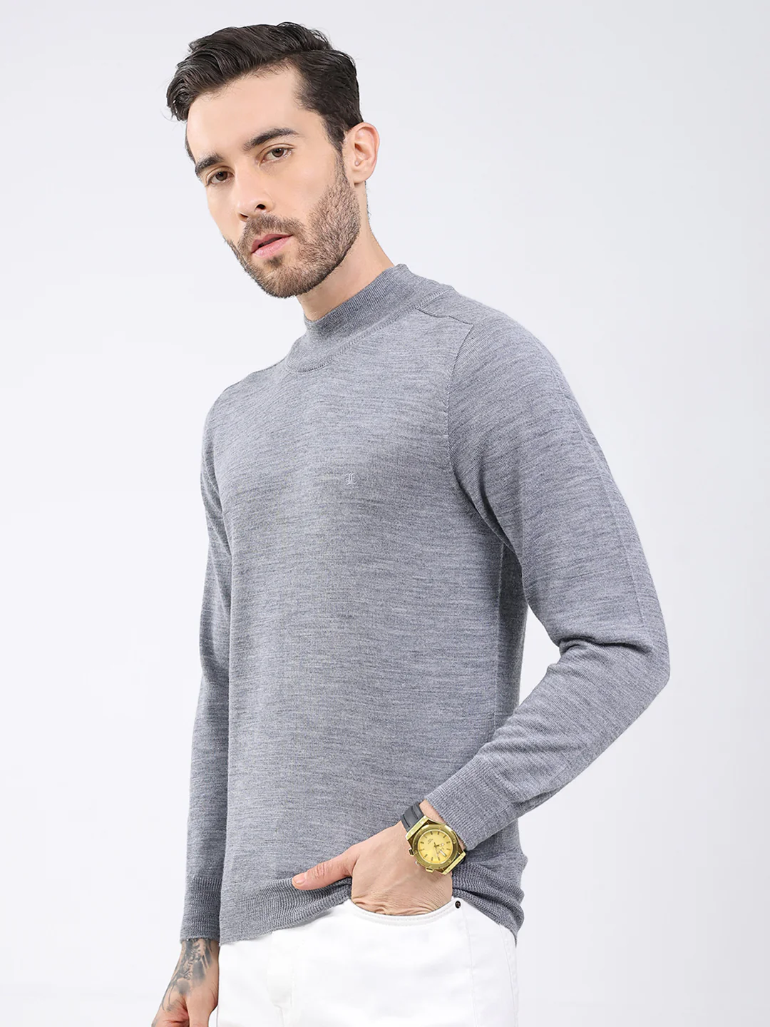 Luxuria Men Grey Solid High Neck Full Sleeve Pullover - Image 3