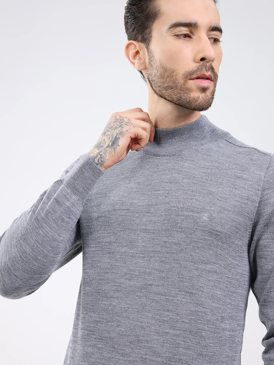 Luxuria Men Grey Solid High Neck Full Sleeve Pullover - Image 6