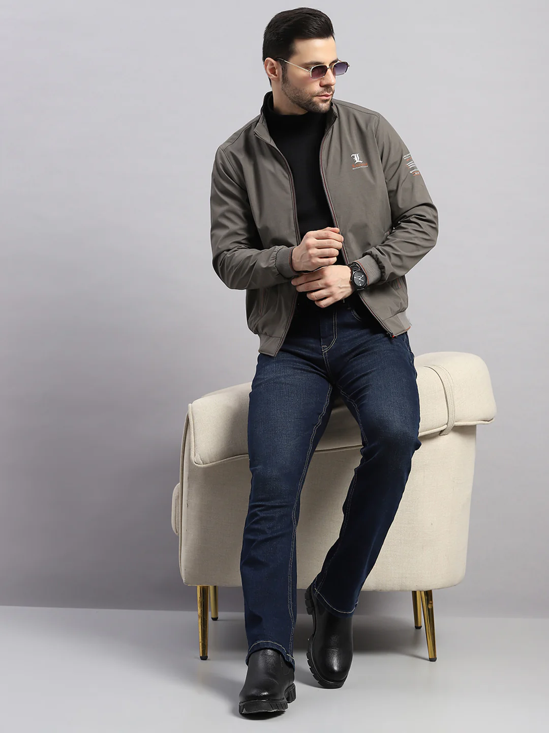 Luxuria Men Grey Solid Stand Collar Full Sleeve Jacket - Image 2