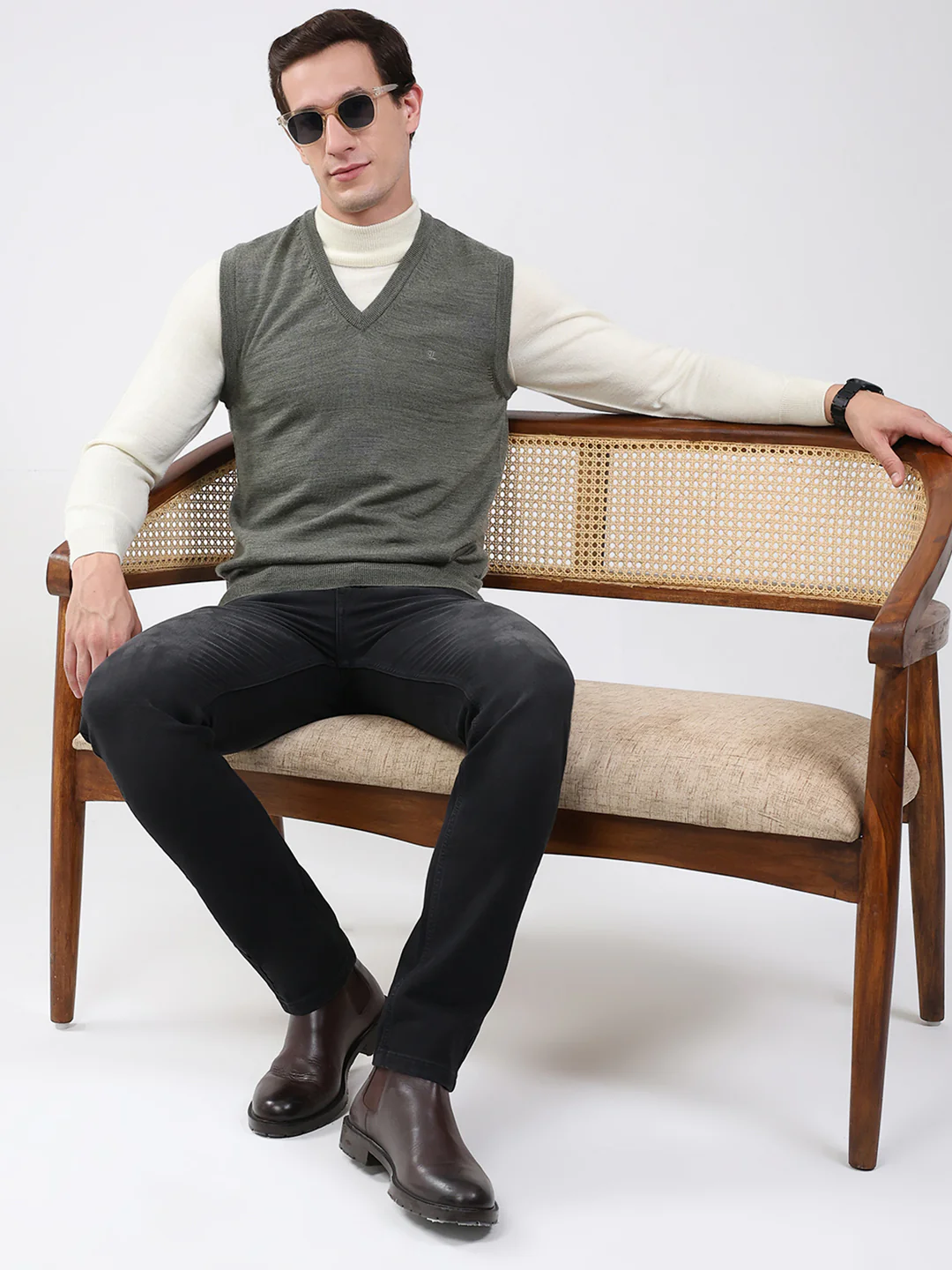 Luxuria Men Grey Solid V Neck Sleeveless Sweater - Image 2