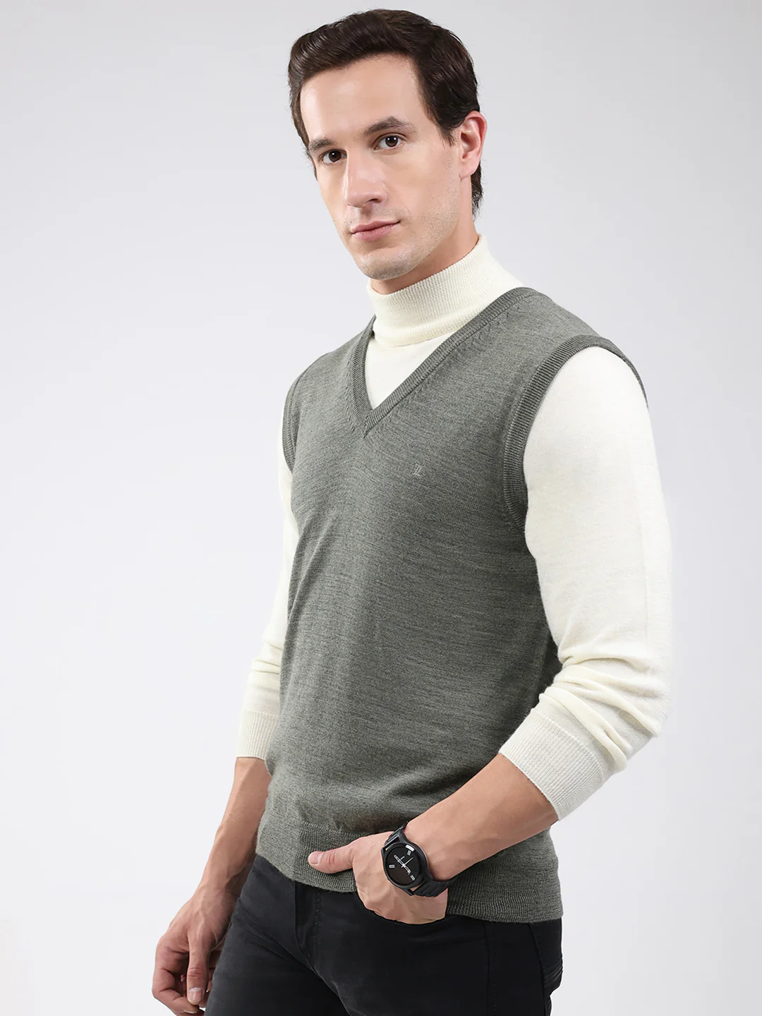 Luxuria Men Grey Solid V Neck Sleeveless Sweater - Image 3