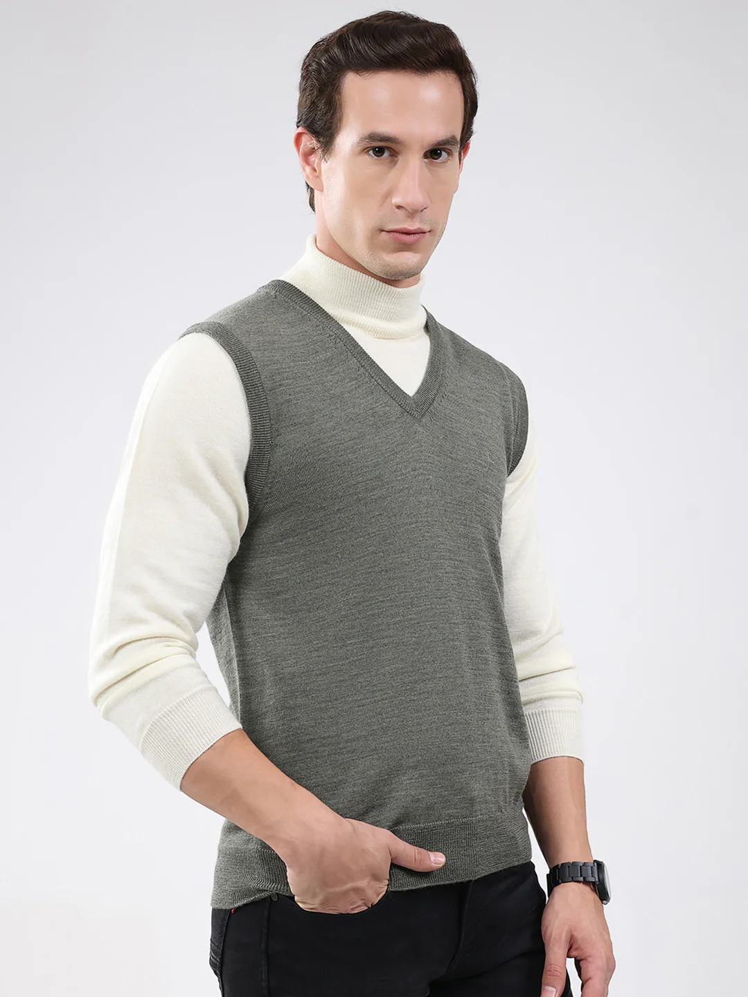 Luxuria Men Grey Solid V Neck Sleeveless Sweater - Image 4
