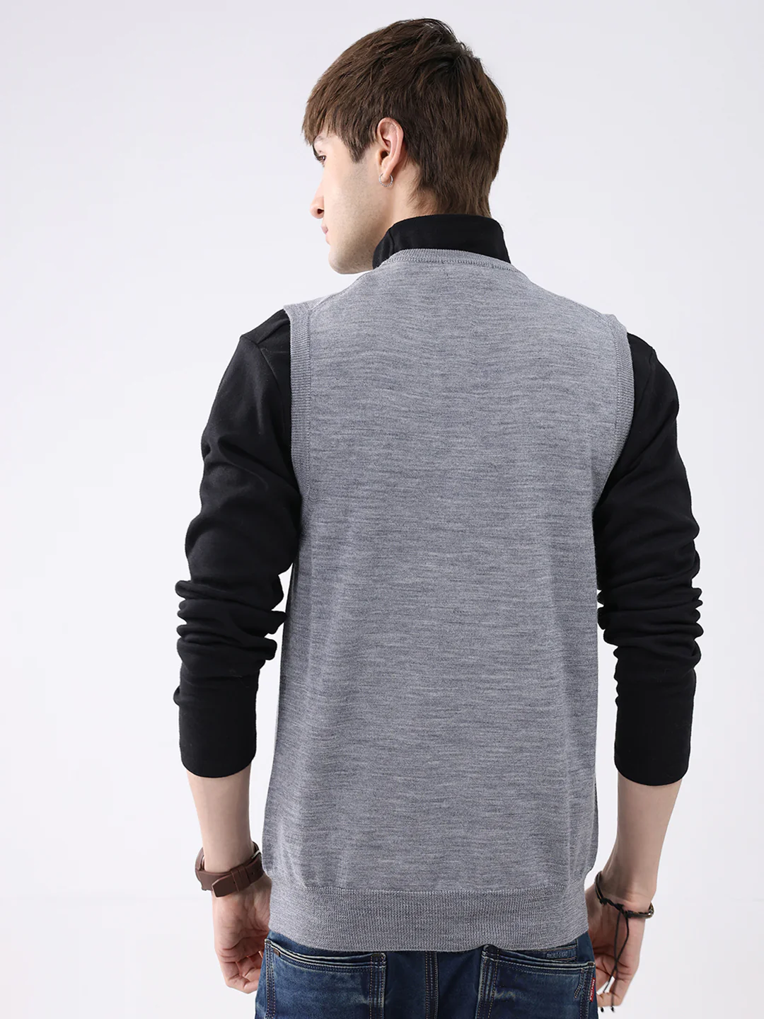 Luxuria Men Grey Solid V Neck Sleeveless Sweater - Image 5