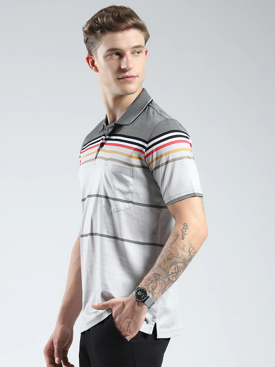 Luxuria Men Grey Stripe Collar Half Sleeve T-Shirt - Image 3