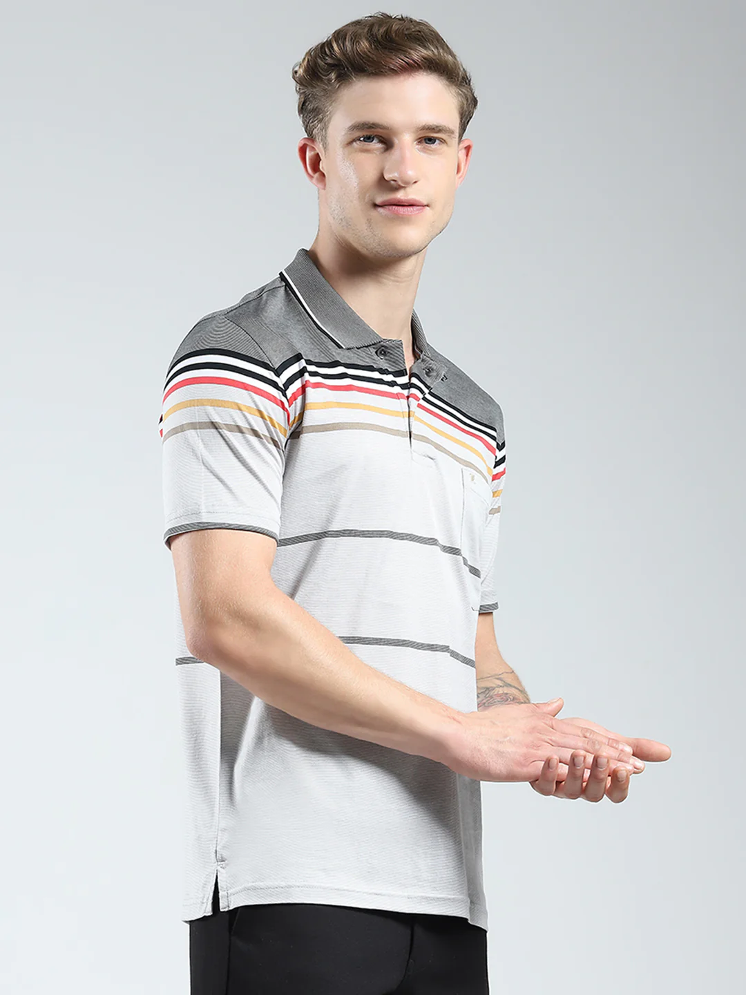 Luxuria Men Grey Stripe Collar Half Sleeve T-Shirt - Image 4