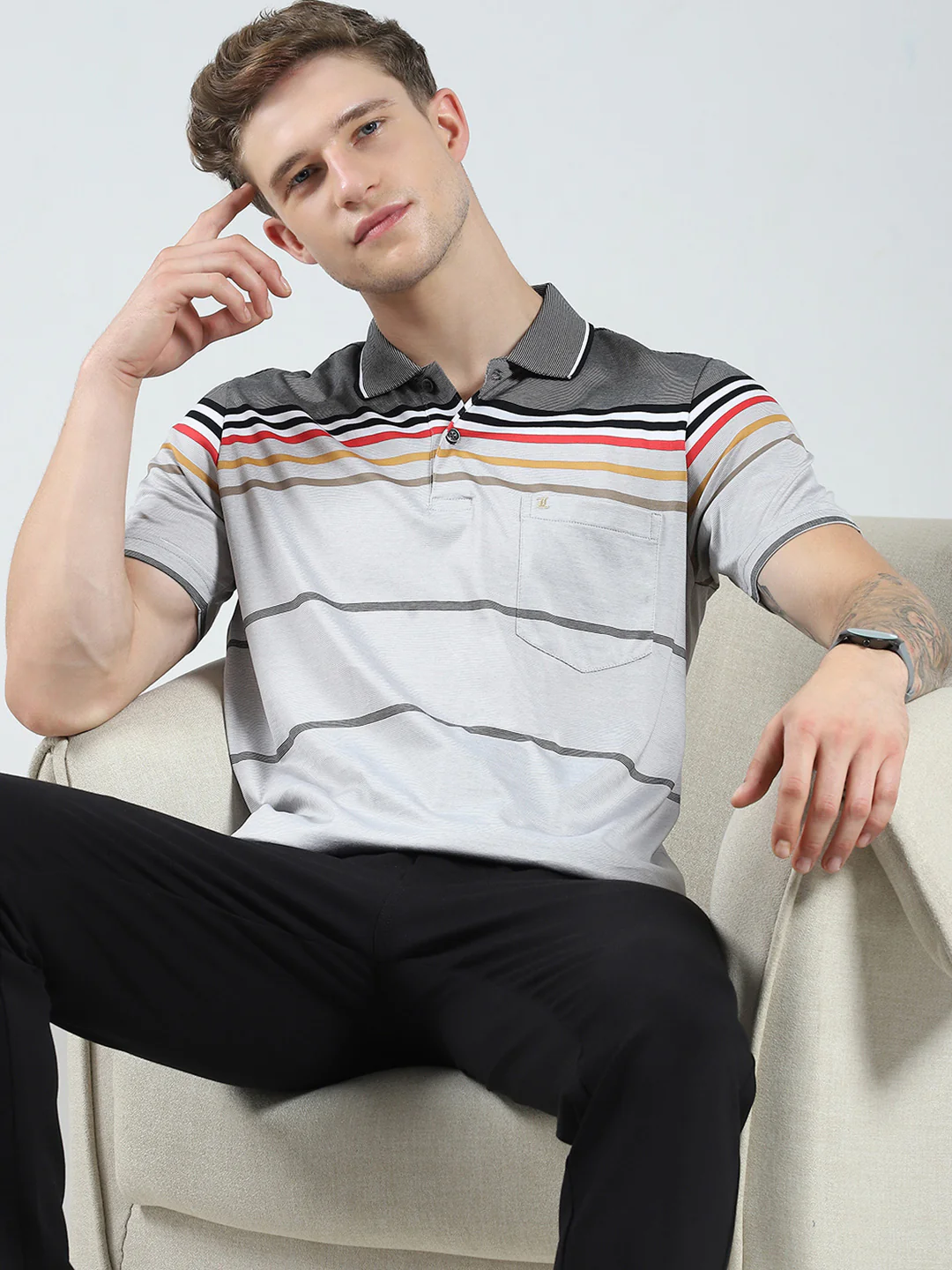 Luxuria Men Grey Stripe Collar Half Sleeve T-Shirt - Image 6
