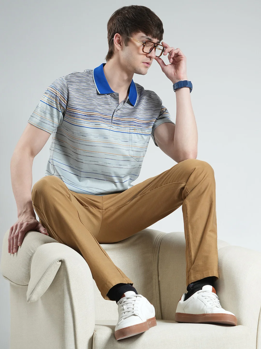 Luxuria Men Grey Stripe Collar Half Sleeve T-Shirt - Image 2