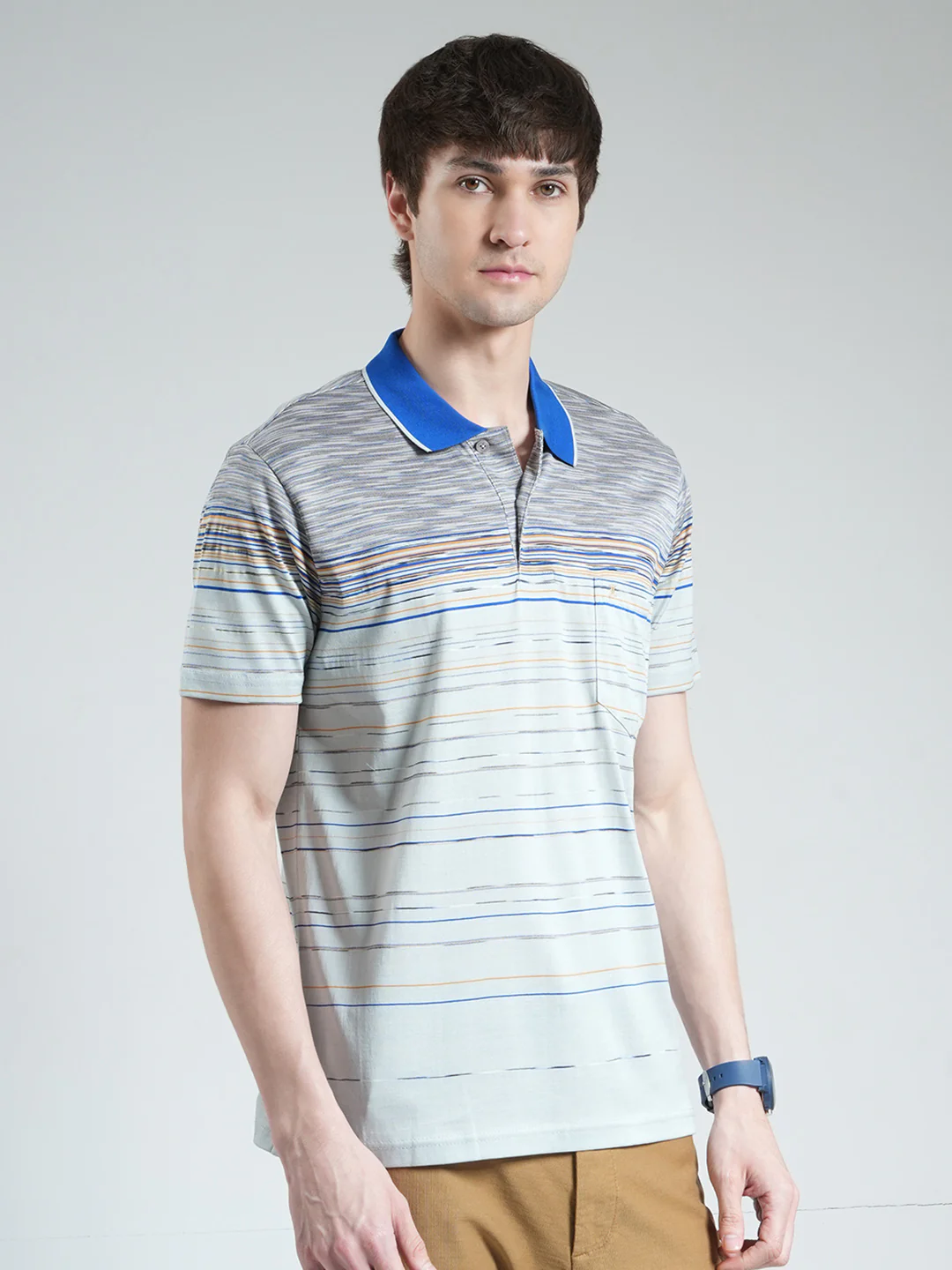 Luxuria Men Grey Stripe Collar Half Sleeve T-Shirt - Image 4