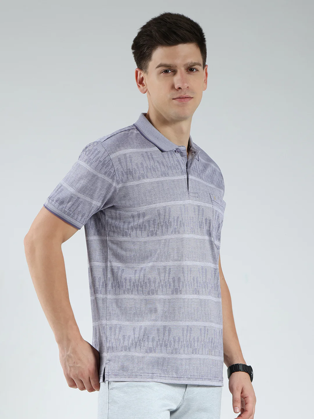 Luxuria Men Grey Stripe Collar Half Sleeve T-Shirt - Image 4