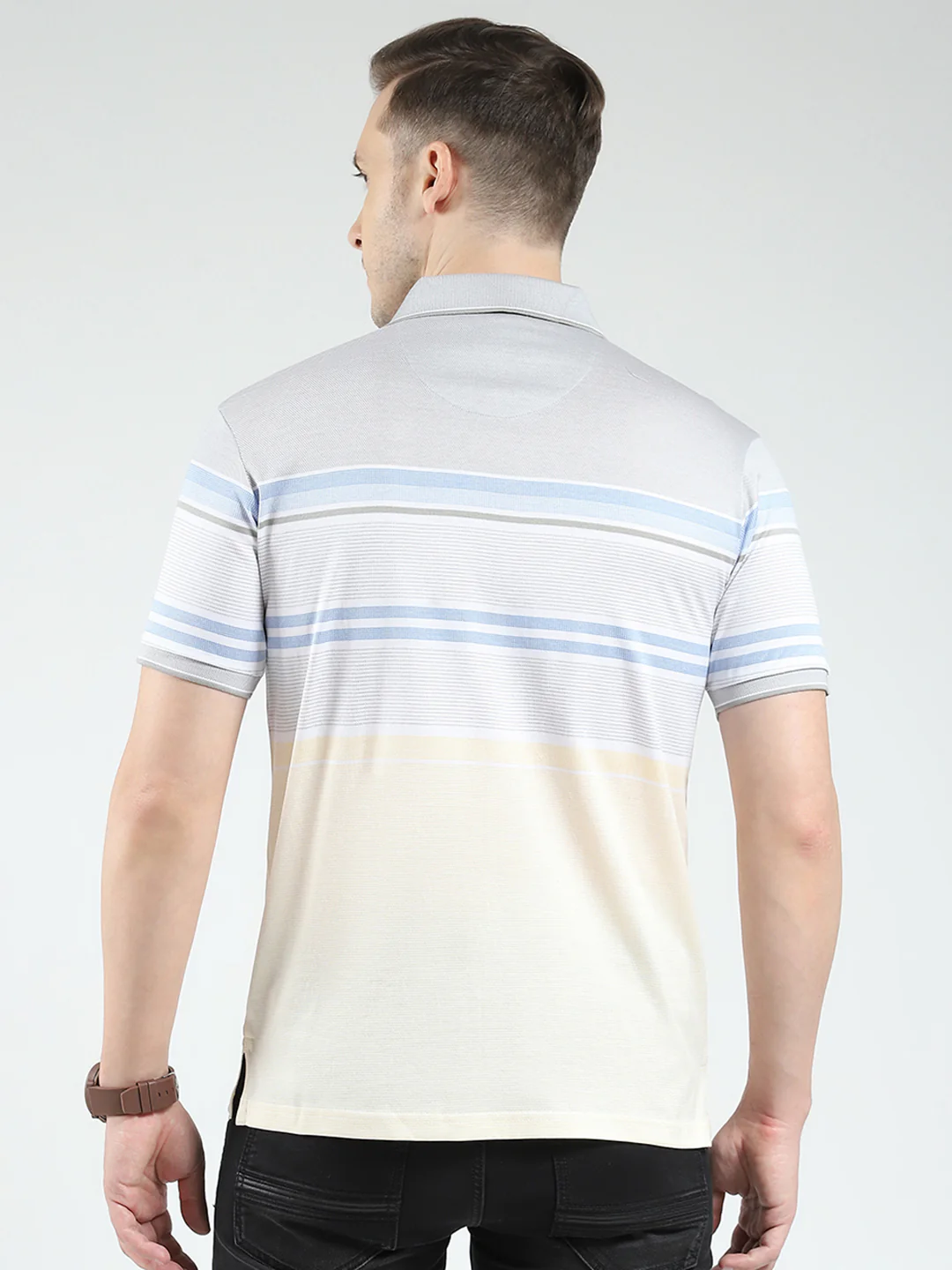 Luxuria Men Grey Stripe Collar Half Sleeve T-Shirt - Image 5
