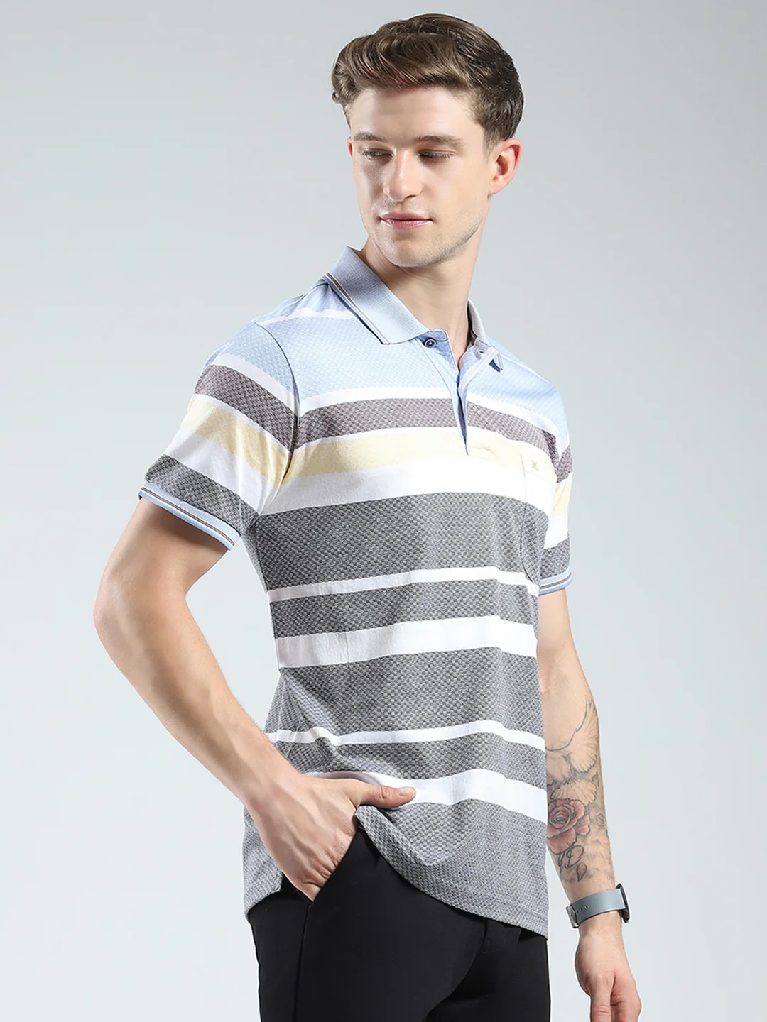Luxuria Men Grey Stripe Collar Half Sleeve T-Shirt - Image 4