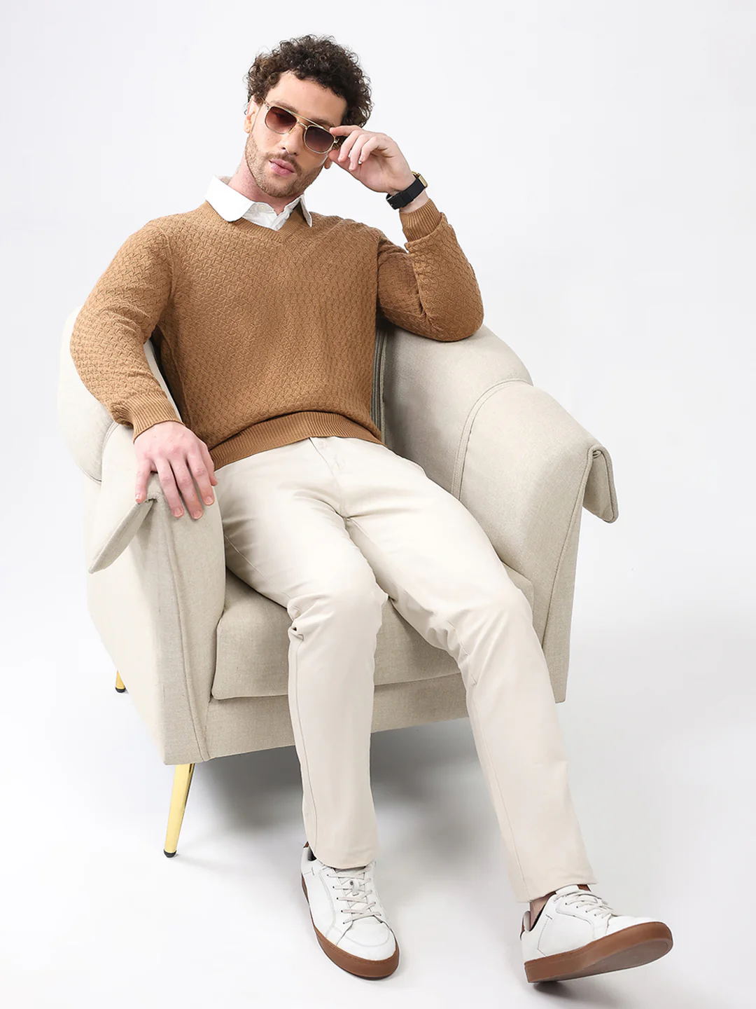 Luxuria Men Khaki Self Design V Neck Full Sleeve Pullover - Image 2