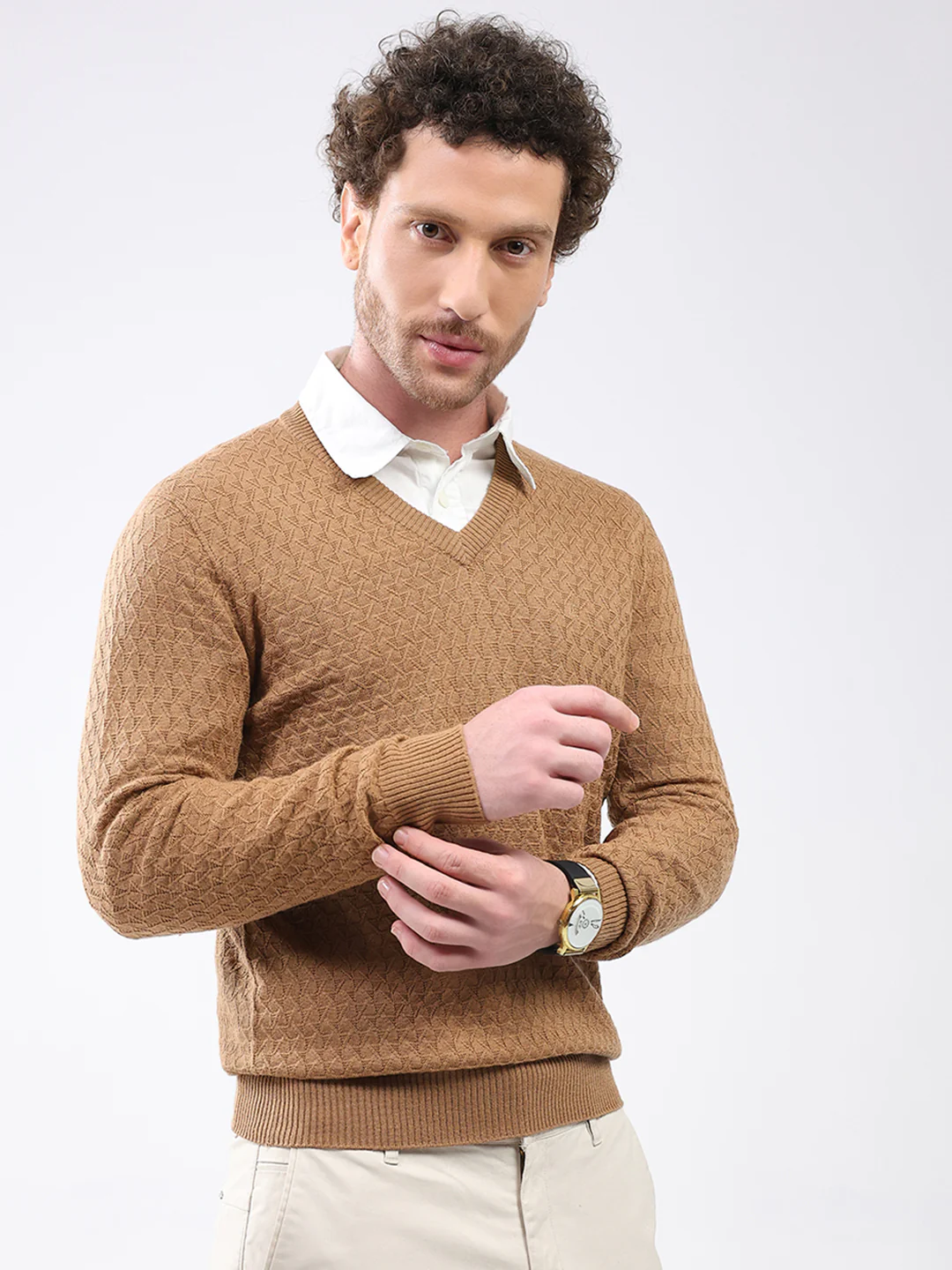 Luxuria Men Khaki Self Design V Neck Full Sleeve Pullover - Image 4