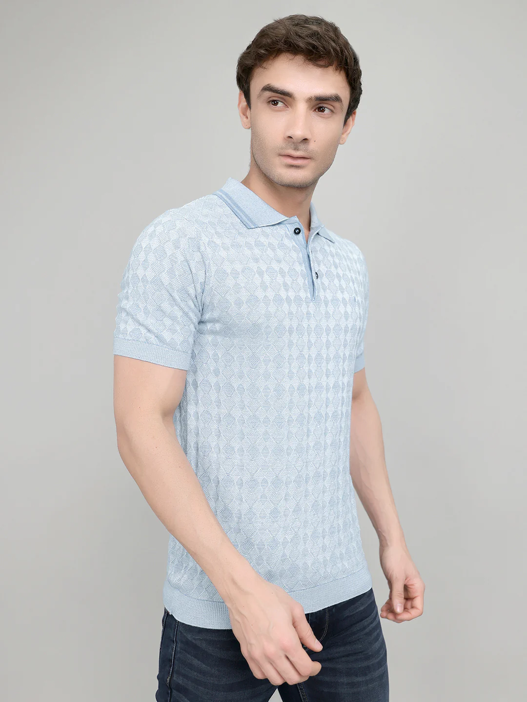 Luxuria Men Light Blue Jacquard Collar Half Sleeve T-Shirt - Image 3