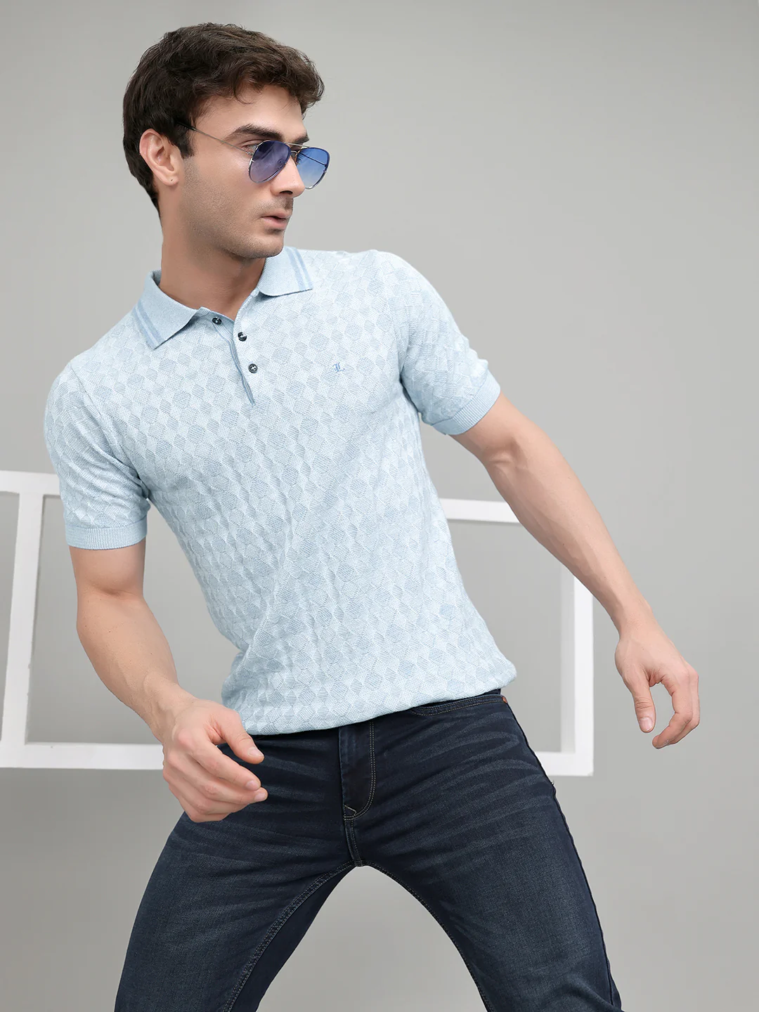 Luxuria Men Light Blue Jacquard Collar Half Sleeve T-Shirt - Image 6