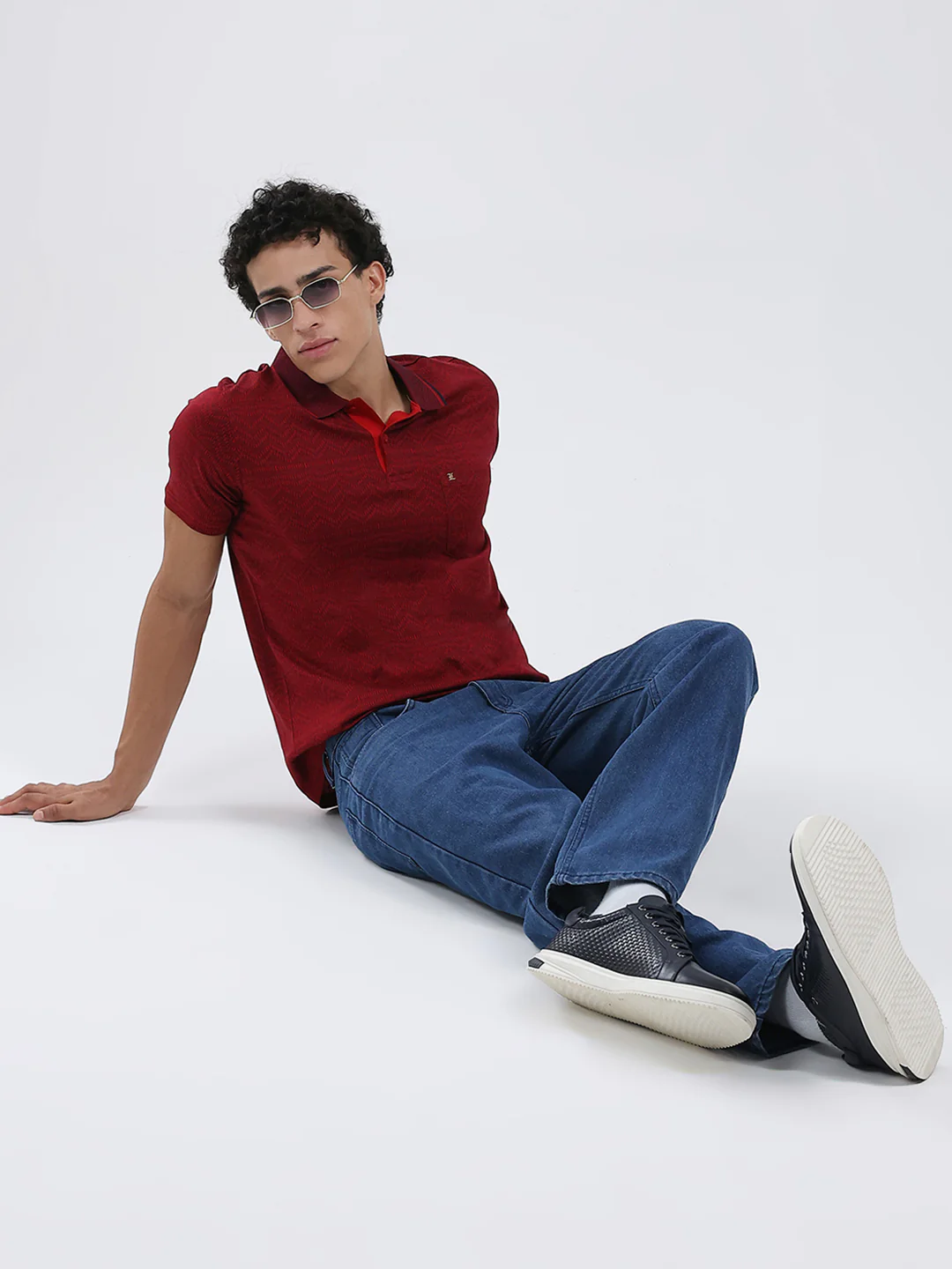 Luxuria Men Maroon Self Design Collar Half Sleeve T-Shirt - Image 2