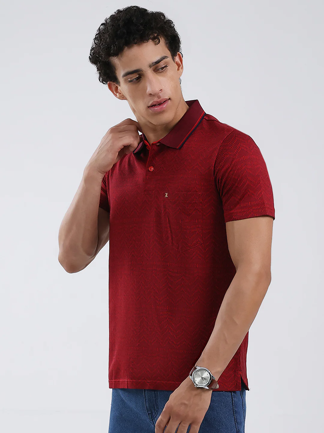 Luxuria Men Maroon Self Design Collar Half Sleeve T-Shirt - Image 3