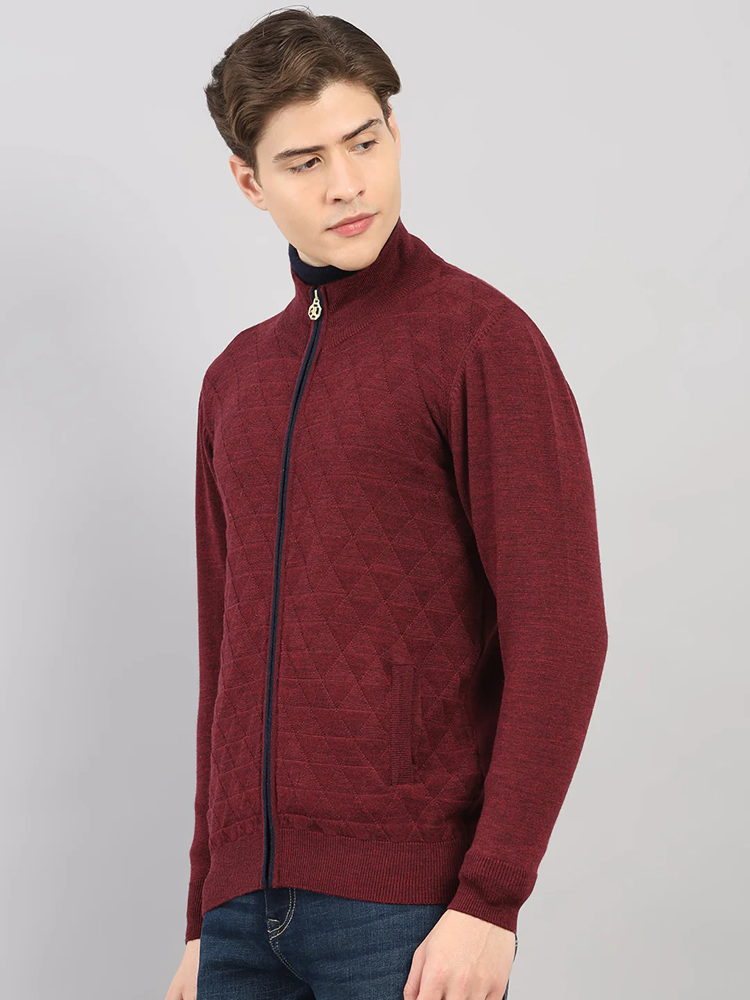 Luxuria Men Maroon Self Design Round Neck Full Sleeve Pullover - Image 3