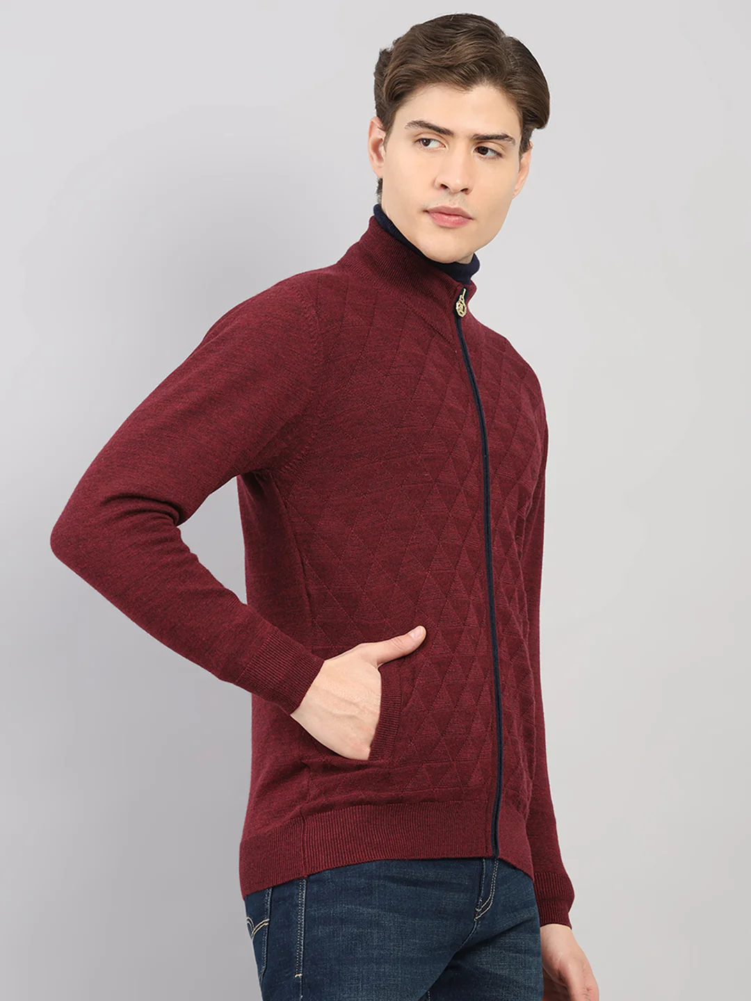 Luxuria Men Maroon Self Design Round Neck Full Sleeve Pullover - Image 4