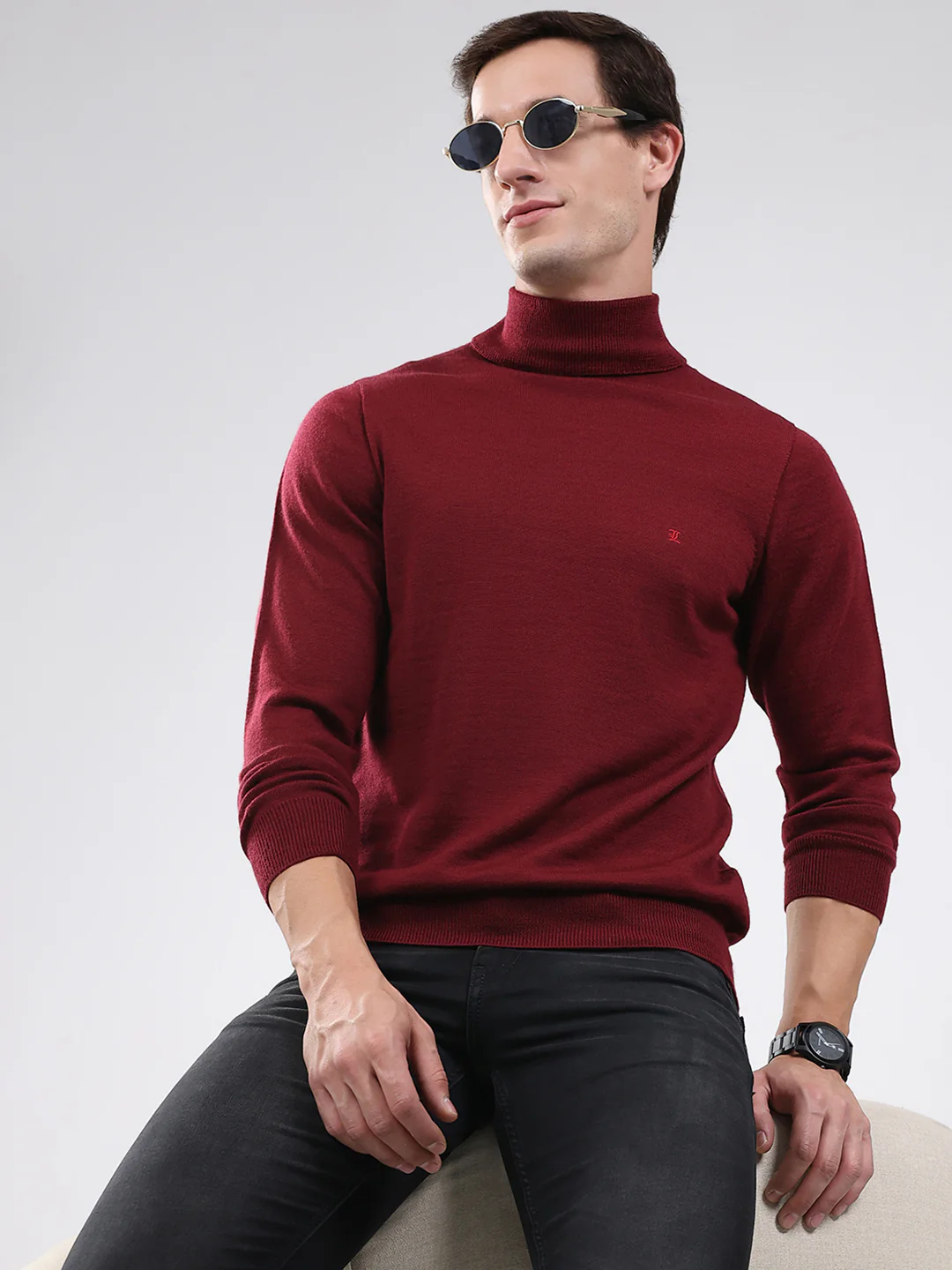 Luxuria Men Maroon Solid High Neck Full Sleeve Pullover - Image 6