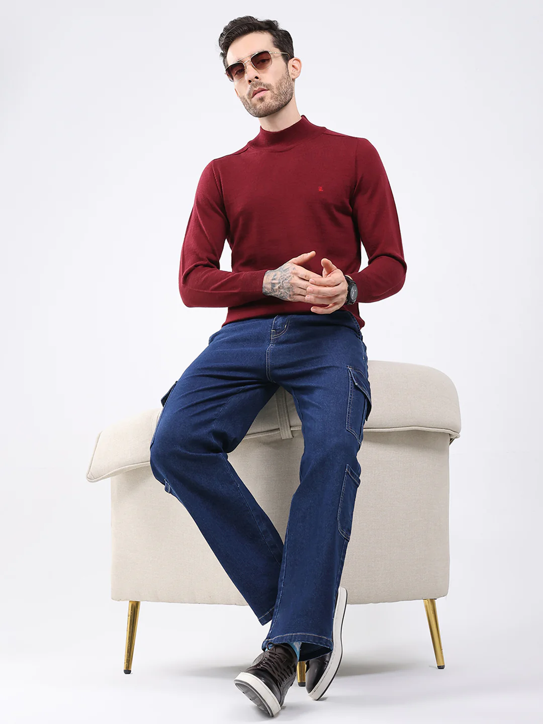 Luxuria Men Maroon Solid High Neck Full Sleeve Pullover - Image 2