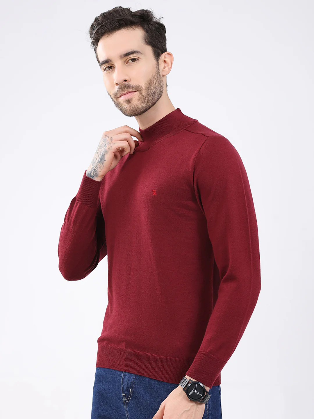 Luxuria Men Maroon Solid High Neck Full Sleeve Pullover - Image 3