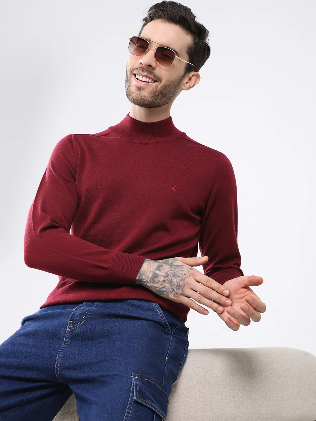 Luxuria Men Maroon Solid High Neck Full Sleeve Pullover - Image 6