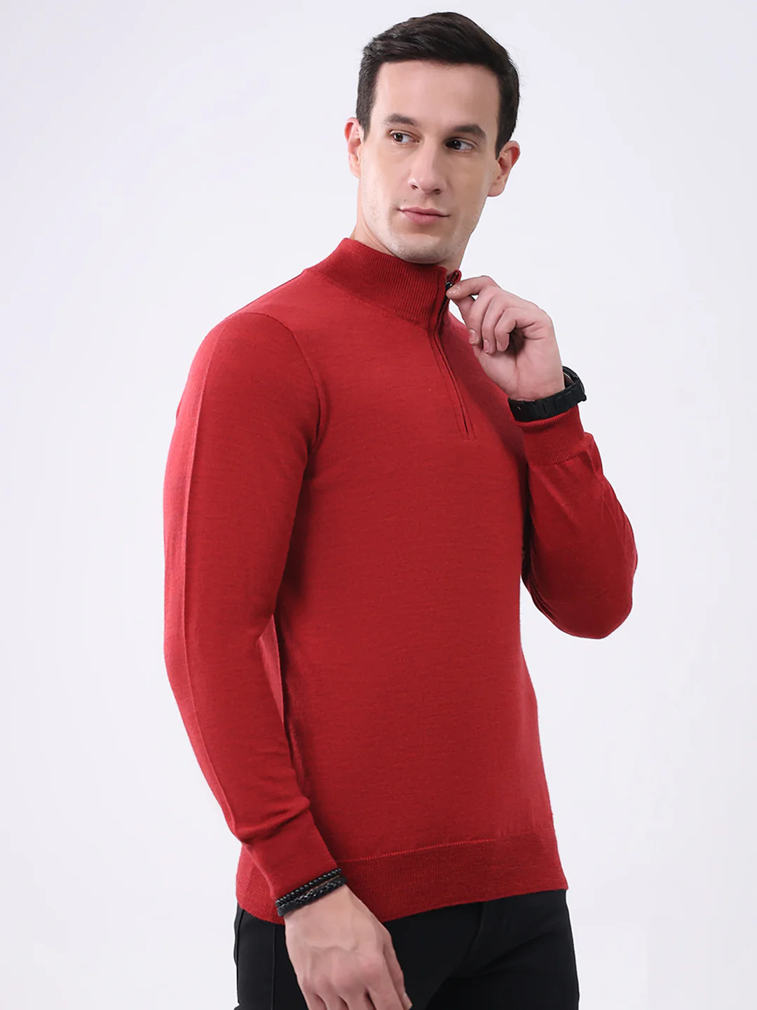 Luxuria Men Maroon Solid Mock Neck Full Sleeve Pullover - Image 4