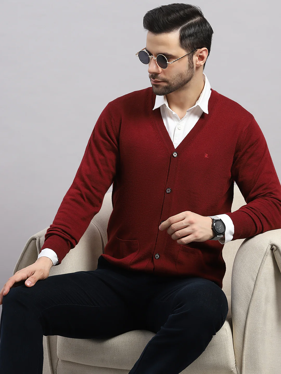 Luxuria Men Maroon Solid V Neck Full Sleeve Cardigan - Image 6