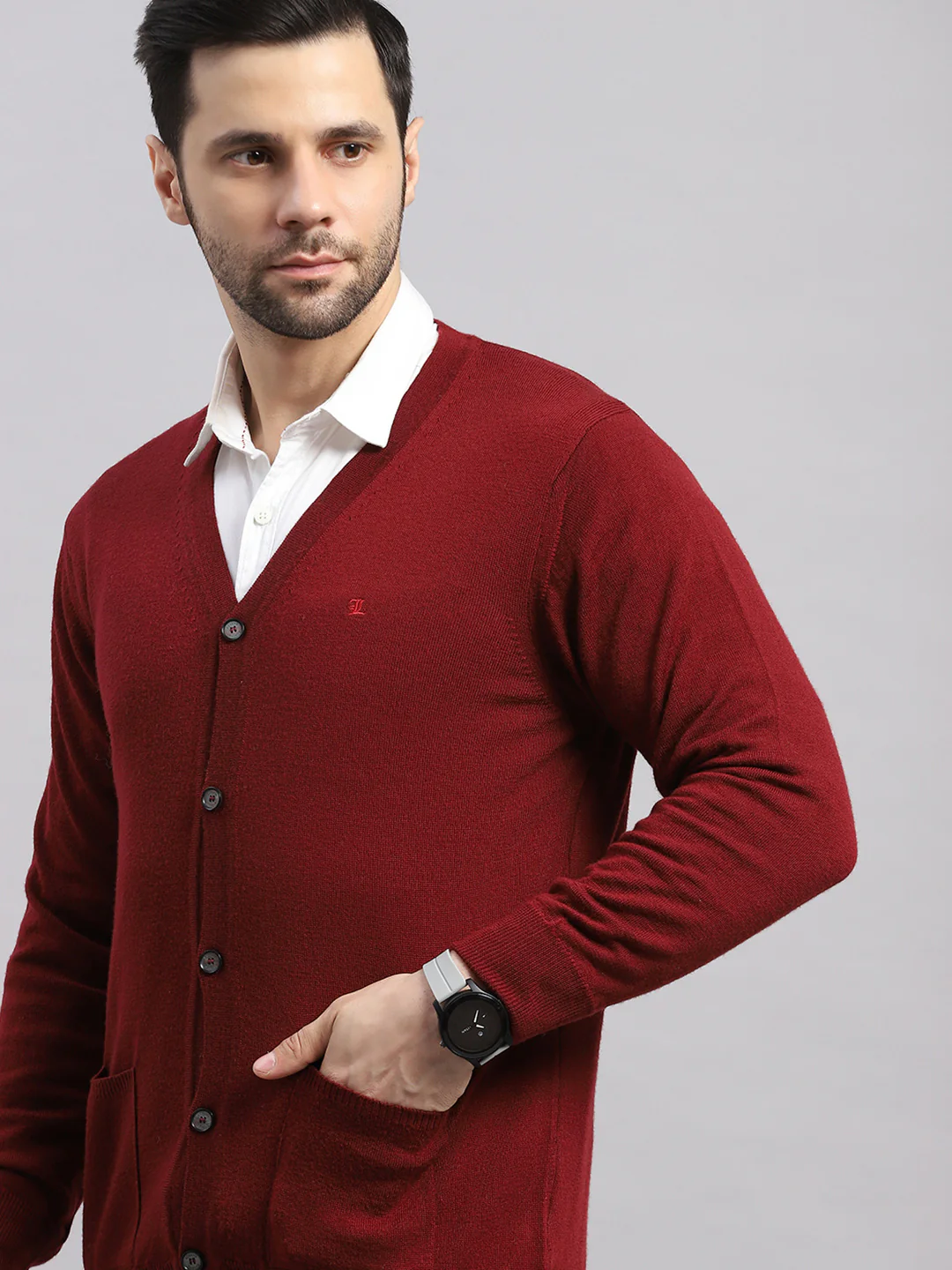 Luxuria Men Maroon Solid V Neck Full Sleeve Cardigan - Image 7