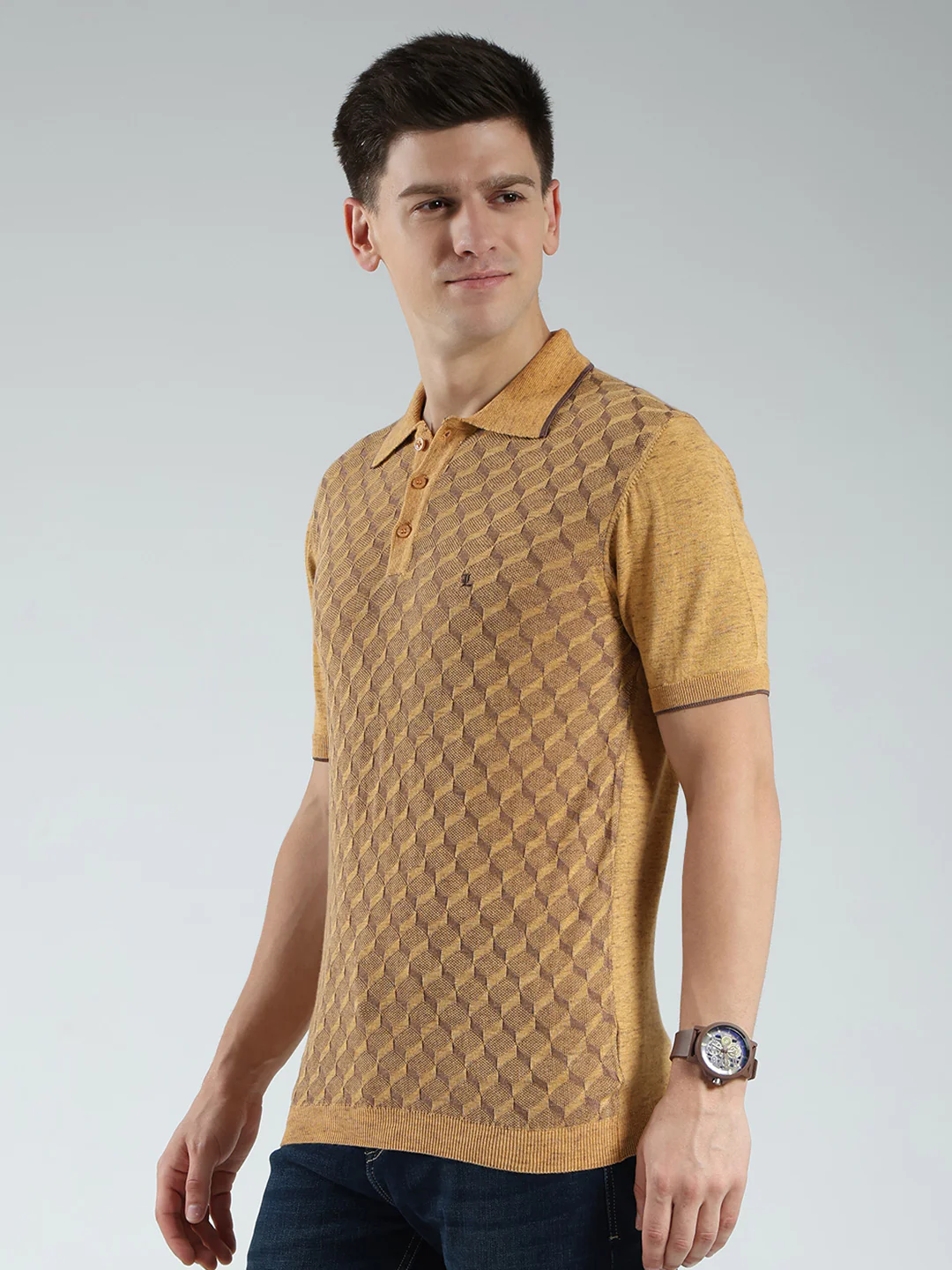 Luxuria Men Mustard Printed Collar Half Sleeve T-Shirt - Image 3