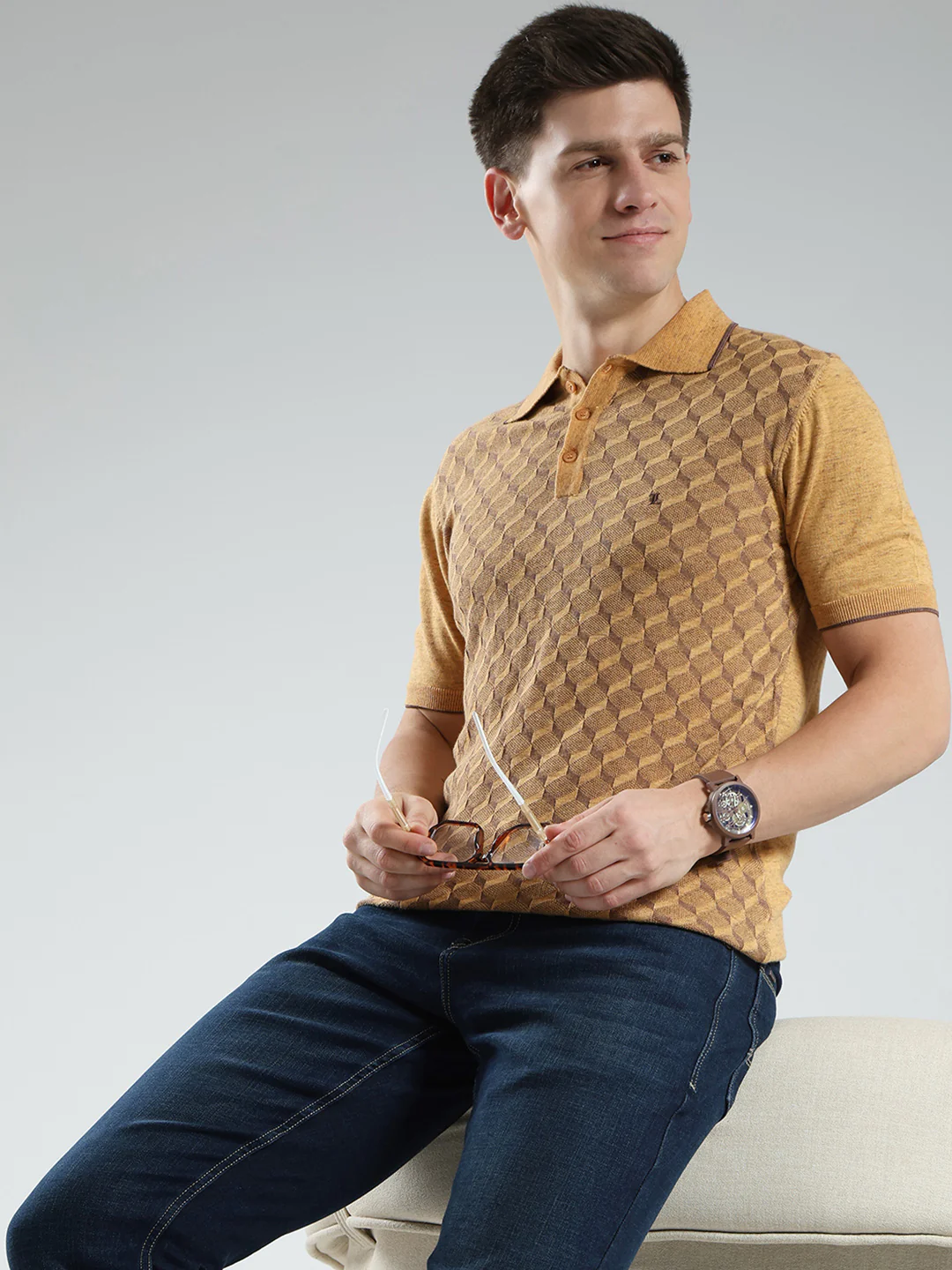 Luxuria Men Mustard Printed Collar Half Sleeve T-Shirt - Image 6