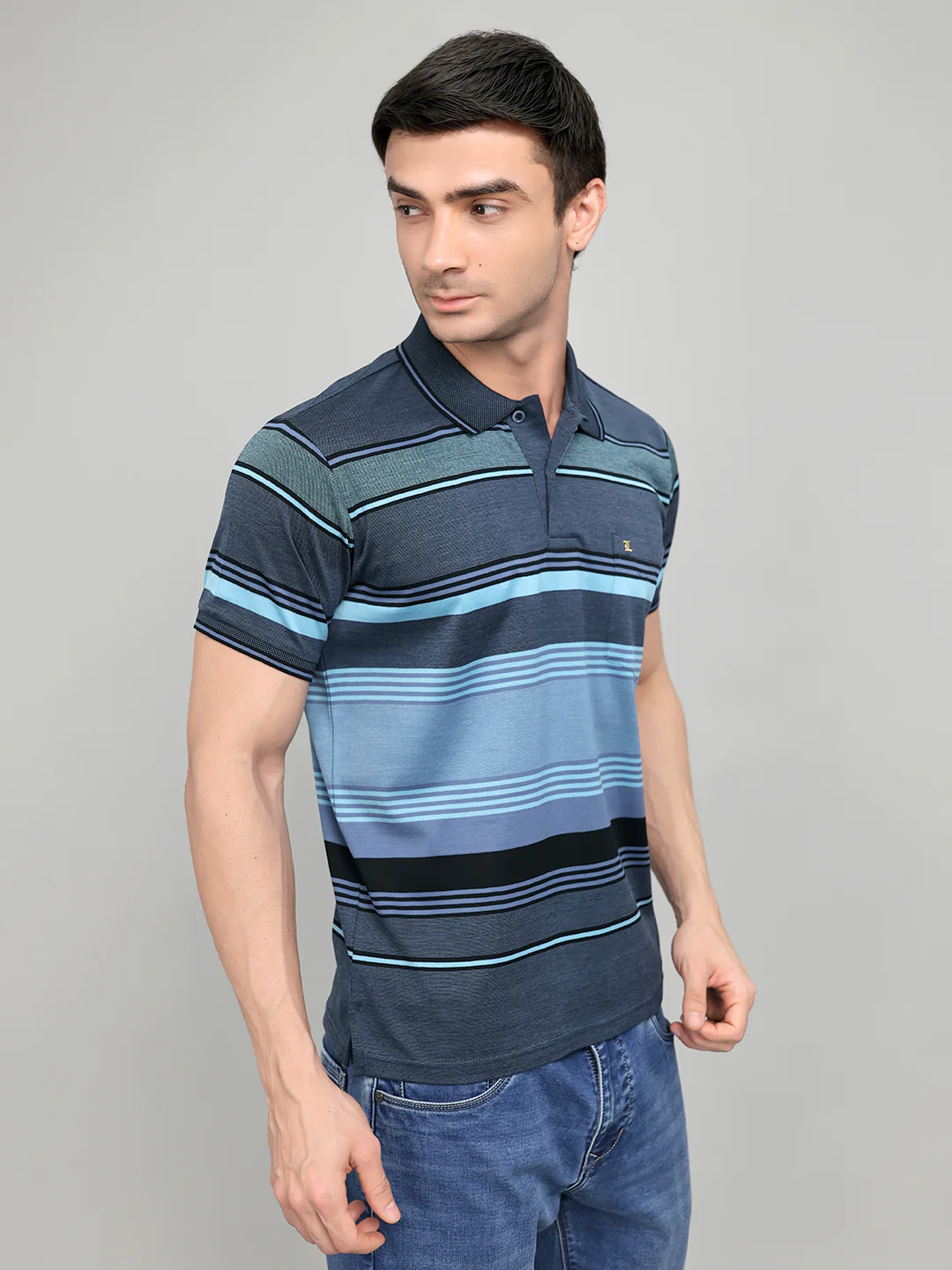 Luxuria Men Navy Blue Printed Collar Half Sleeve T-Shirt - Image 3