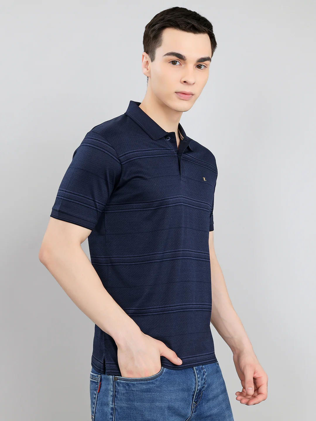 Luxuria Men Navy Blue Printed Collar Half Sleeve T-Shirt - Image 3