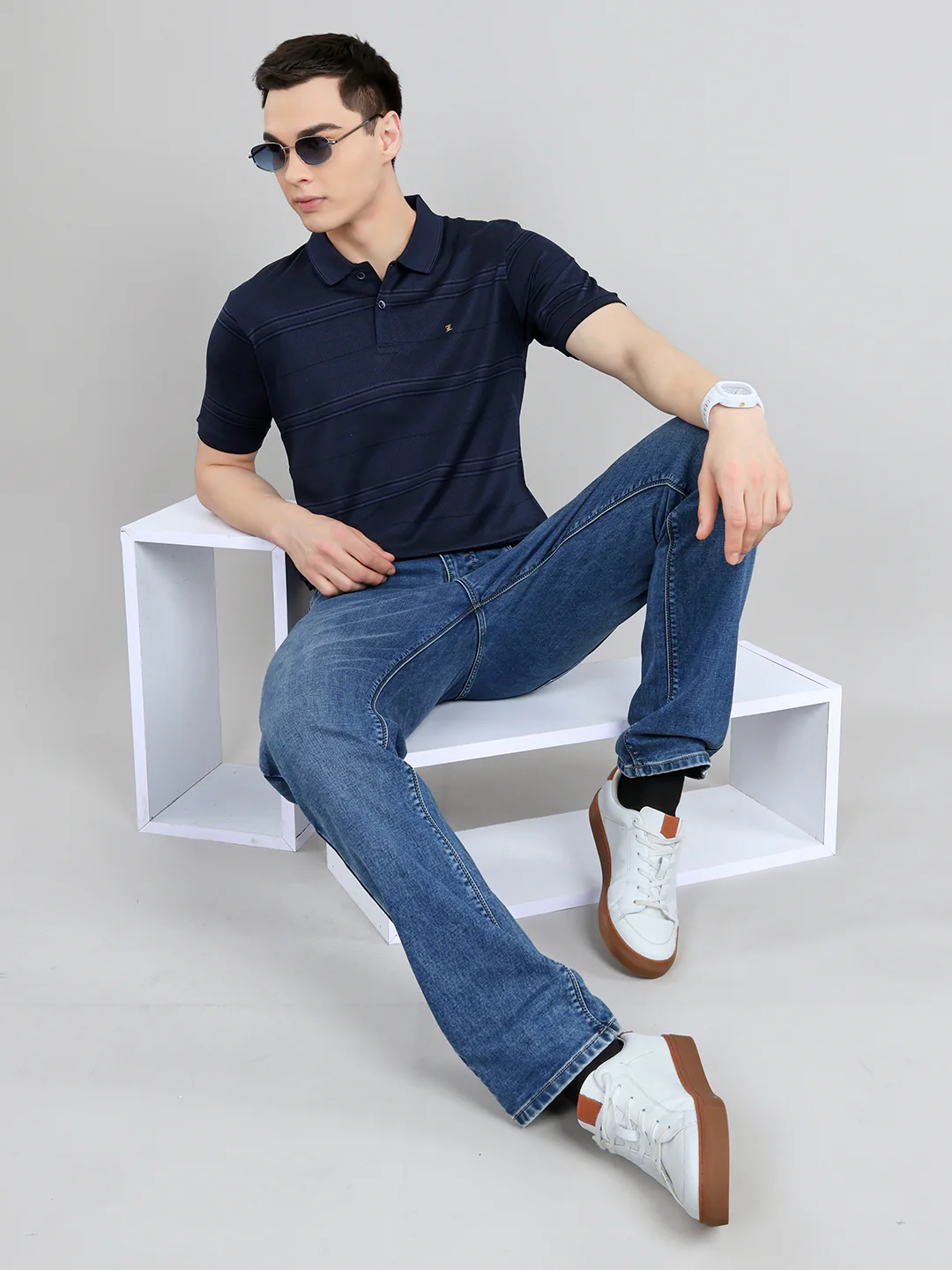 Luxuria Men Navy Blue Printed Collar Half Sleeve T-Shirt - Image 6