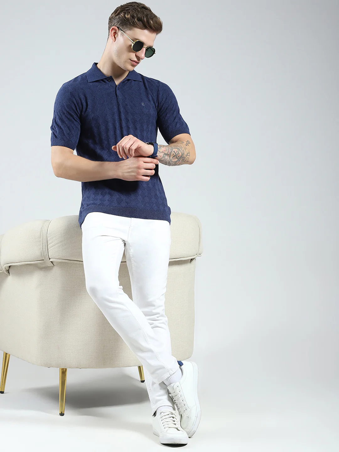 Luxuria Men Navy Blue Self Design Collar Half Sleeve T-Shirt - Image 2